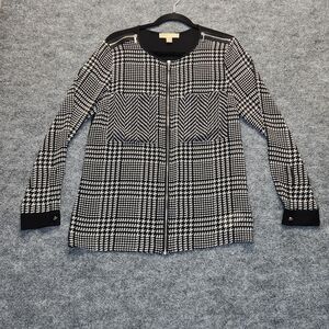Michael Kors Sheer Chiffon Shirt Women Medium Houndstooth Full Zip Pockets Logo